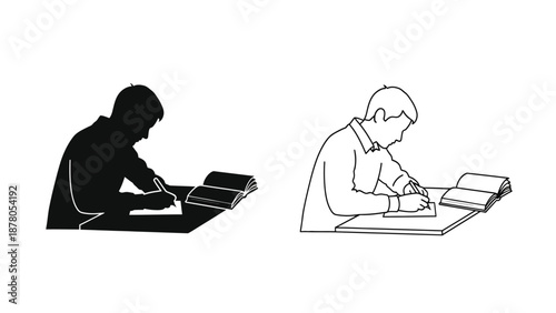 silhouette and line drawing of people working on laptop and writing