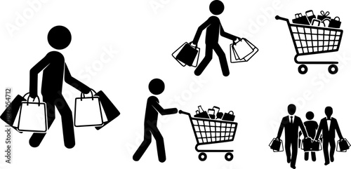 Shopping people carrying bags cart icon set.
