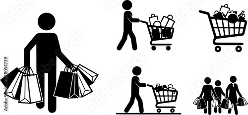 Shopping people carrying bags cart icon set.
