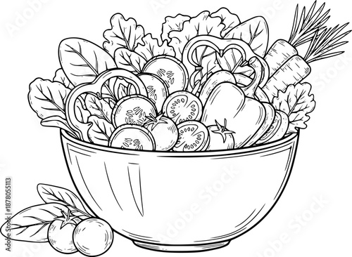 Black and white sketch of a salad bowl with various vegetables.
