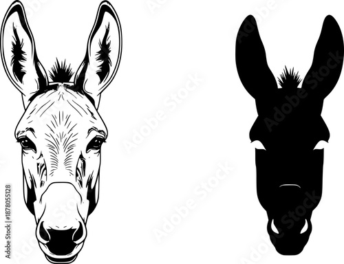 Illustration showing a donkey face and a donkey silhouette in black and white color scheme design editable vector
