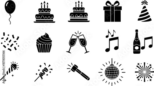 Celebration and party silhouette icon set – filled style festive, event, and birthday symbols for joyful occasions: balloon, cake, gift, hat, confetti, cupcake, streamers. See Less
