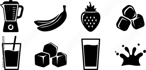 Smoothie ingredients icon set – solid style mixology and beverage symbols for healthy lifestyle: blender, banana, strawberry, ice cubes, glass, juice pour, ... 