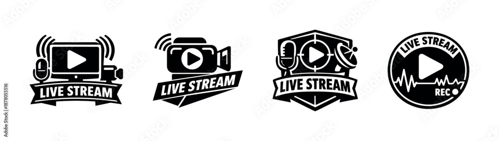 Obraz premium Live stream vector icons set: camera, microphone, play button symbols