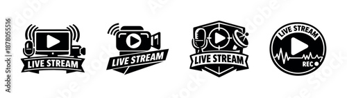 Live stream vector icons set: camera, microphone, play button symbols