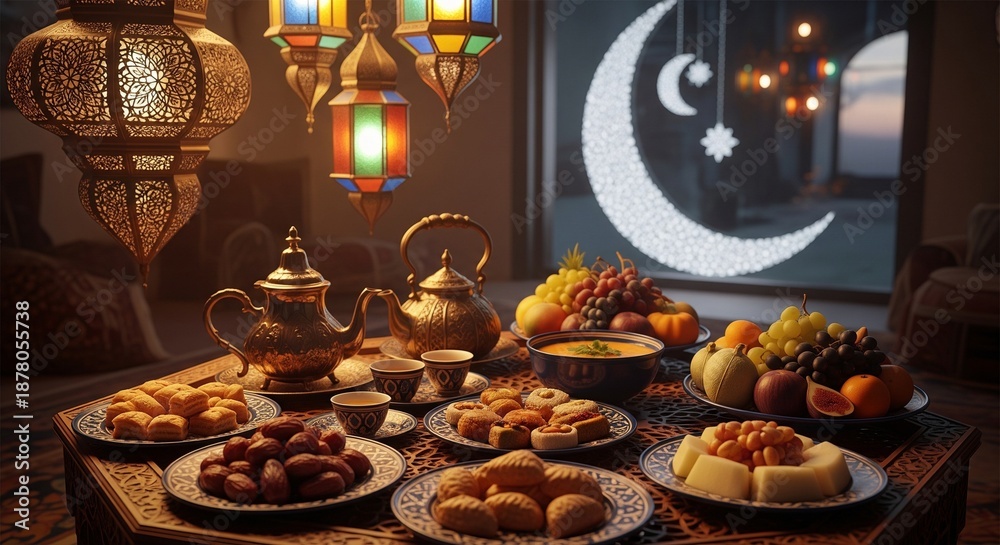 Obraz premium Ramzan Iftar table setting with traditional food and decorations Background