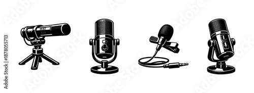 Microphones vector icons set: audio equipment collection, sound, recording symbols