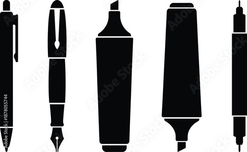 Writing instruments silhouette set with ballpoint pen, fountain pen, highlighters, and technical drawing pen