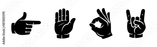 Hand gesture vector icons set, black and white symbols, sign language collection