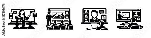 Online education icons set: virtual learning, webinars, video tutorials, e-learning