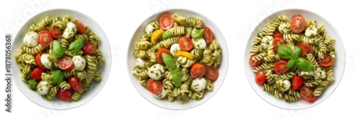 Panel kuchenny z motywem Three bowls of pesto pasta with tomatoes and mozzarella isolated on a transparent background
