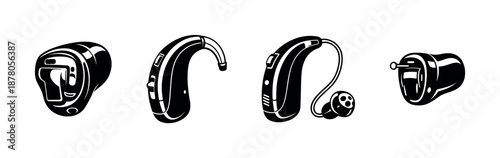 Hearing aid vector icons set: digital, in-ear, behind-the-ear devices