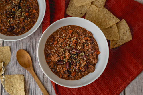 chili con carne and beans recipe homemade meal with nachos