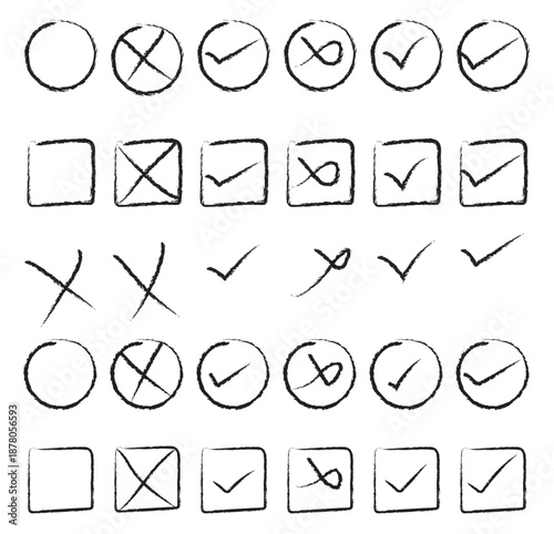 Set of red brush stroke X marks, cross symbol, cancel, incorrect, wrong, decline, mistake, error icon. Checkmarks and crosses in squares and circles Red cross and green check mark symbols grunge style