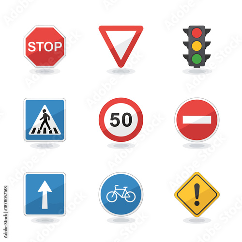 Collection of various traffic signs and symbols arranged neatly on a clean white background