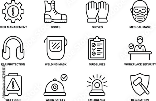 Professional industrial safety line icon set for risk management workplace security and occupational health regulations