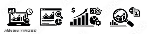 Data analytics vector icons set with charts, graphs, and magnifying glass symbols