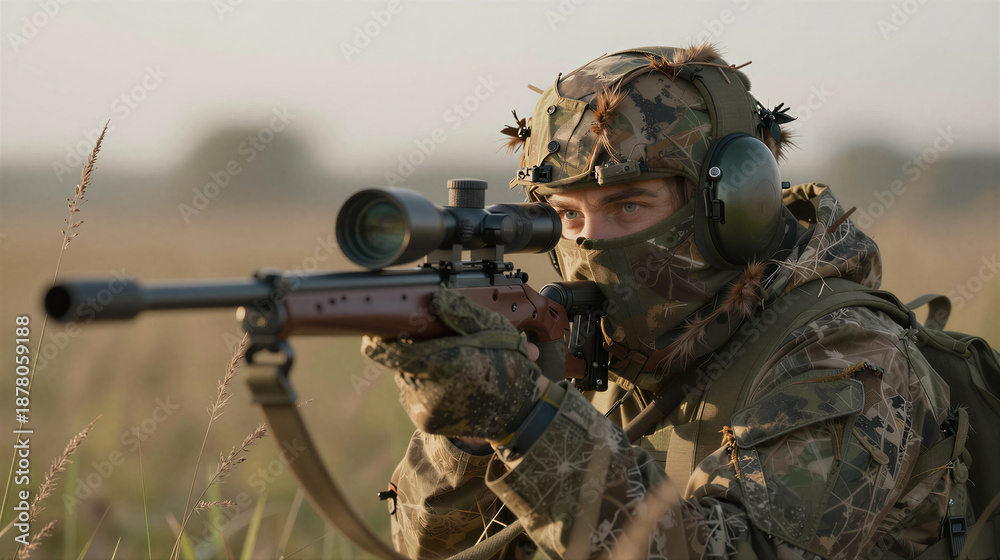 Fototapeta premium Cinematic shot of a sniper in a ghillie suit hidden in tall grass at dawn, eyes peeking over a scoped rifle.