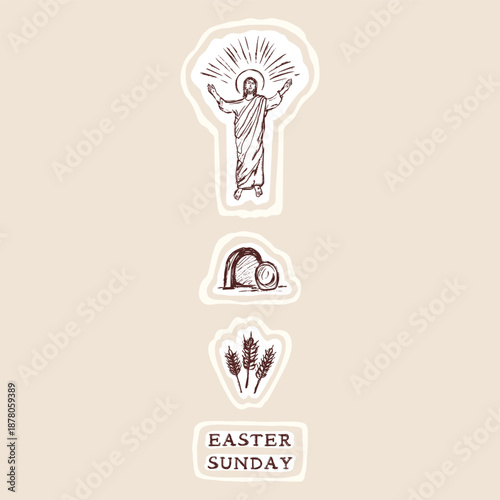 Easter sunday religious christian easter icon set with risen Christ, tomb with rolled stone symbol set. Hand drawn isolated vector motif illustration for church announcement, card, social media
