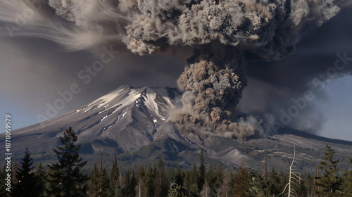Cinematic wide shot of Mount St. Helens eruption (1980): lateral blast tears ...