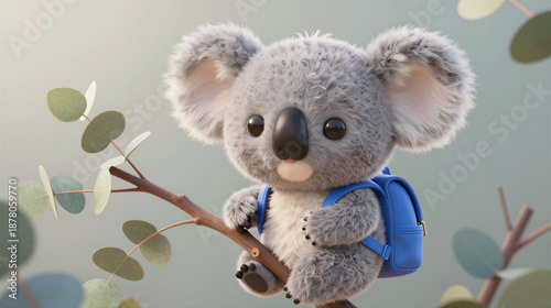 Cute 3D stylized koala with blue backpack clinging to a eucalyptus branch in soft morning light