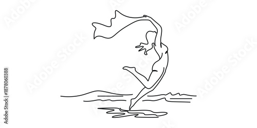Minimalist one-line art illustration of a dancing woman or ballerina jumping water