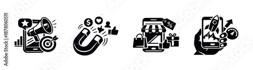 Digital marketing vector icons set: social media, e-commerce, mobile promotion
