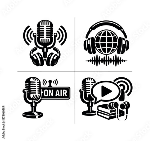 Broadcasting and podcasting vector icons set featuring microphones and headphones