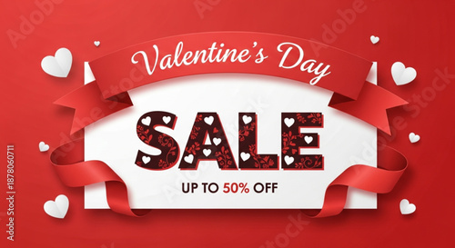 Valentine's Day sale banner template with red ribbons, white hearts, and a 'up to 50% off' message. Valentine's Day sale promotional banner vector illustration featuring 3D text and heart shapes.