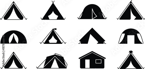 Camping tent silhouette icon set, outdoor shelter collection, adventure travel equipment symbols, isolated black shapes for hiking, survival, expedition, camping illustration design
