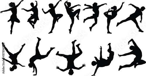 Dance silhouettes collection showing energetic jumping contemporary hip hop freestyle moves urban street dance action isolated black figures motion youth culture illustration