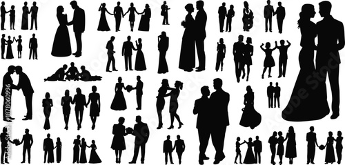 Couple silhouettes collection showing romantic relationships dancing wedding love family people together affection social interaction isolated black figures illustration set