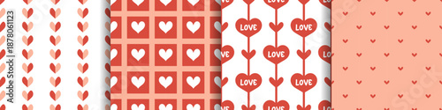 Vector set of seamless romantic heart pattern in red and peach tones with stripe, grid, love word, heart design. Cute valentine wrapping paper collection for wedding, clothing, wallpaper, stationery.