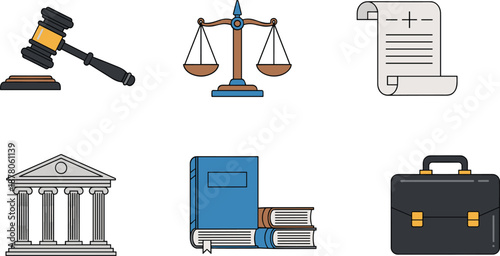 Law and justice icons set with judge gavel, scales, contract document, courthouse, legal books and briefcase illustration