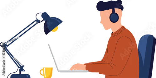 Remote work illustration of man using laptop with headphones at desk, home office freelance online job concept
