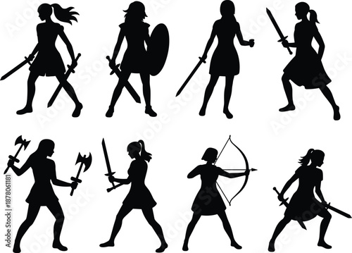 Female warrior silhouettes collection showing sword axe bow combat poses isolated on white background fantasy medieval fighter woman vector illustration set