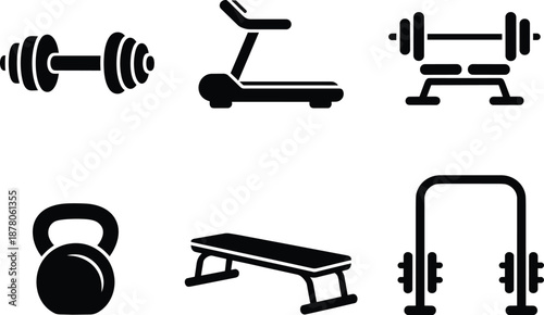 Gym fitness equipment silhouettes collection featuring dumbbell treadmill bench press kettlebell isolated on white background workout training sport vector illustration set