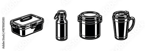 Reusable container vector icons set: lunchbox, water bottle, thermos, travel mug