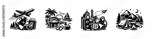 Travel adventures vector icons set: plane, suitcase, tropical, mountain scenes