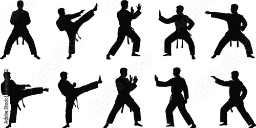 Martial arts silhouette set, karate fighter action poses, combat training movements, isolated black figures, self defense practice, taekwondo kung fu illustration design