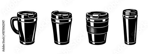 Coffee travel mugs vector icons set: reusable, portable, thermos, tumbler designs