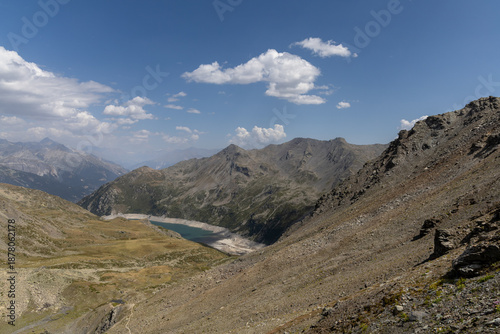 Panoramic alpine view from Col des Marches overlooking the Maurienne Valley near Valmeinier in the French Alps.