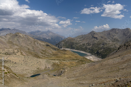 Panoramic alpine view from Col des Marches overlooking the Maurienne Valley near Valmeinier in the French Alps.
