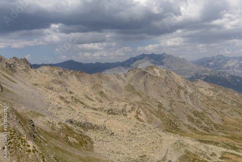 Panoramic alpine view from Col des Marches overlooking the Maurienne Valley near Valmeinier in the French Alps.