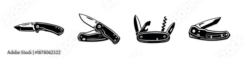 Pocket knives vector icons set with folding knife, multitool, black silhouettes