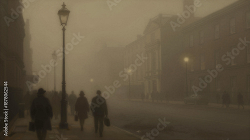 London in the Great Smog (1952): silhouettes and dim streetlamps in a yellow sepia haze