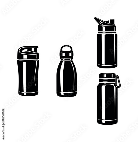 Water bottles vector icons set with thermos, flask, and tumbler designs