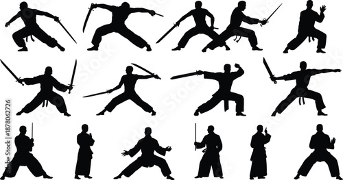 Sword martial arts silhouette set, warrior combat poses with blades, traditional fighting techniques, isolated black figures, samurai ninja training action illustration
