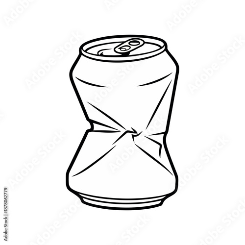 A black and white illustration depicts a crushed empty aluminum beverage container