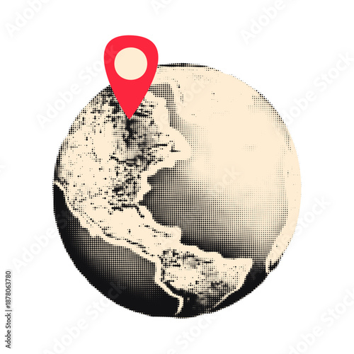 Planet Earth with big red location pin on top halftone art collage cut out element. Travel, delivery, destination concept, sticker with vintage dot texture and doodle Modern retro vector illustration 
